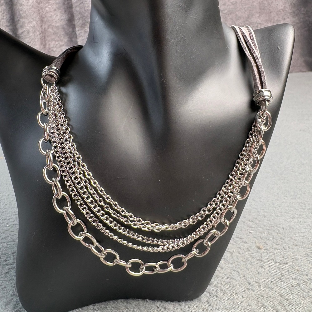 Silver Tone Multi Strand Chain Bib Necklace Grey Faux Suede Cord Layered Edgy
